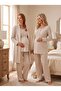 New Season Beige Melange Shawl Collar Breastfeeding Compatible Design Long Sleeve 100% Cotton Maternity Pajama Set - 5