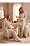 New Season Beige Melange Shawl Collar Breastfeeding Compatible Design Long Sleeve 100% Cotton Maternity Pajama Set - 8
