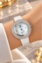 Swiss Women's Wristwatch Steel 33mm White Dial with Crystal Stones Real Leather Strap