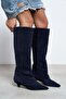 Ravena Navy Blue Suede Leather Pointed Toe Short Heeled Women's Boots - 7