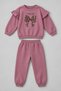 Girl's Bow Patterned 2-Threaded Ribboned Top and Bottom Winter 2-Piece Tracksuit Set M00878 Dried Rose - 2
