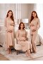 New Season Beige Lace Detailed Buttoned Design Long Sleeve 100% Cotton Maternity Maternity Dressing Gown Nightgown Pajama Set 4-Piece Set - 3
