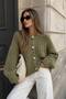 Mirelle Chunky Knitwear Cardigan – Women's Crew Neck Gold Buttoned Balloon Sleeve Knit Cardigan