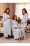 New Season Blue Lace Detailed Buttoned Design Long Sleeve 100% Cotton Maternity Maternity Dressing Gown Nightgown Pajama Set 4-Piece Set - 2