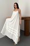 Women's Ecru Beaded Strap Casual Flowy Gathered Muslin Fabric Long Maxi Dress