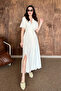 Beige Double-Breasted Collared Muslin Linen Dress - Beige - 2