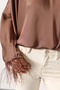 Women's Brown High Neck Long Sleeve Flowy Bat Sleeve Satin Blouse with Feathered Cuff - 7