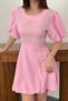 Women's Pink Crew Neck Balloon Watermelon Sleeve Mini Linen Dress Short Sleeve Flared - 4