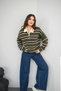 Women's Green Striped Polo Collar Buttoned Long Sleeve Oversize Drop Shoulder Knitwear Sweater