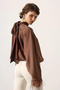 Women's Brown High Neck Long Sleeve Flowy Bat Sleeve Satin Blouse with Feathered Cuff - 3