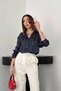 Women's Navy Blue Striped Satin Shirt Long Sleeve Buttoned Oversize Flowy Shirt Collar