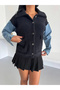 Women's Black Denim Sleeve Detailed Buttoned Pocketed Shirt Collar Long Sleeve Denim Jacket - 4