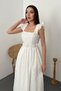 Women's Ecru Square Collar Ruffle Sleeve Detailed Belted Brode Scallop Flared Midi Dress - 3