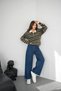 Women's Green Striped Polo Collar Buttoned Long Sleeve Oversize Drop Shoulder Knitwear Sweater - 3