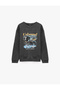 Raised Crew Neck Long Sleeve Oversize Washed Printed Sweatshirt