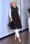 Women's Black Hooded Gold Buttoned Quilted Long Vest