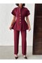 Women's Burgundy Gold Buttoned Short Sleeve Peplum Jacket and Fabric Trousers Bottom Top Set - 4