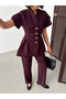 Women's Plum Peplum Cut Gold Buttoned Top and Straight Cut Pants Two-Piece Set - 3