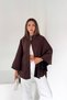 Women's Brown Suede Textured Stand-Up Collar Gold Buttoned Belted Bat Sleeve Poncho Jacket Nbk5039 - 3