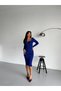 Women's Blue Square Collar Long Sleeve Ribbed Knitwear Midi Length Slim Fit Pencil Dress