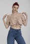 Beige Color Balloon Sleeve Crop Blouse with Gathered Detail on the Front - Beige - 3