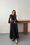 Women's Black Crew Neck Long Balloon Sleeve Floral Belted Pocketed Flared Maxi Dress - 2