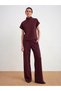 71927 Elastic Waist Loose Tracksuit with Stitching Detail - Claret Red