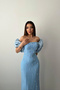 Women's Blue Off-Shoulder Balloon Sleeve Pearl Embroidered Pencil Model Long Evening Dress - 3