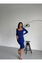 Women's Blue Square Collar Long Sleeve Ribbed Knitwear Midi Length Slim Fit Pencil Dress - 2