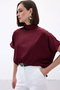 Women's Burgundy Half Fisherman High Neck Short Sleeve Satin Flowy Comfortable Fit Blouse - 2