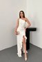 Women's White One-Shoulder Ruffled Slit Draped Sleeveless Long Wedding Graduation Evening Dress