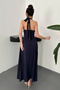 Women's Navy Blue Halter Neck Sleeveless Pocketed Flared Skirt A-Line Flowy Long Maxi Evening Dress - 4