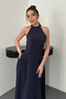 Women's Navy Blue Halter Neck Sleeveless Pocketed Flared Skirt A-Line Flowy Long Maxi Evening Dress - 2