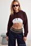 Kahverengi Kalın Kapüşonlu Bağcıklı Bolero Örme Sweatshirt TWOAW27SW00210 - 3
