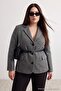 Gray Self-Belted Herringbone Woven Cashmere Blazer Plus Size Jacket Tbbaw27Ag00021 - 4