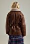 Kahverengi Oversize Kalıp Şal Yaka Peluş Detaylı Mont TWOAW27MO00057 - 4