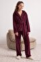 Bordo Kruvaze Jakarlı Yumuşak Kışlık Tuşeli Örme Pijama Takımı THMAW27PT00198