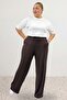 39000 Plus Size High Waist Elastic Combed Cotton Trousers - Brown
