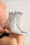 Mona Women's Silver Lace Embroidered Pointed Toe Warm Lined Zippered 7 cm Thin Heeled Boots Bootie