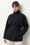 Belted Stand Collar Lined Black Short Trench Coat