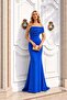 Cobalt Blue Glitter Fabric Single Sleeve Stone Embroidered Fish Model Evening Dress 583408 - 5
