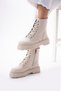 Women's Beige Lace-Up Zippered Thick Sole Winter Boots - Beige - 4