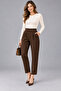 Women's Brown High Waist Double Button Carrot Cut Stretchy Crepe Fabric Pants - 5