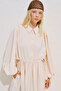 Draped Waist Adjustable Balloon Sleeve Dress Beige - 3