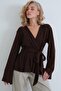 Women's Brown Double Breasted Collared Skirt with Ruffles and Self-Tie Belt Camisole Blouse Alc-X14428 - 2