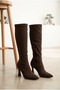 Women's Suede Textured Stretch Pointed Toe Curved Thin Heeled Long Sock Boots - 2