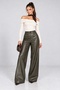 Khaki Wide Leg Leather Trousers with Pocket Detail - 3