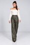 Khaki Wide Leg Leather Trousers with Pocket Detail - 4