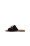 Genuine Suede Leather Flat Women's Slippers with Buckle and Black Gold Chain Detail - 4