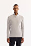 Men's Gray Stand Collar Zippered Soft Touch Striped Knitwear Regular Fit Sweater A52Y5151